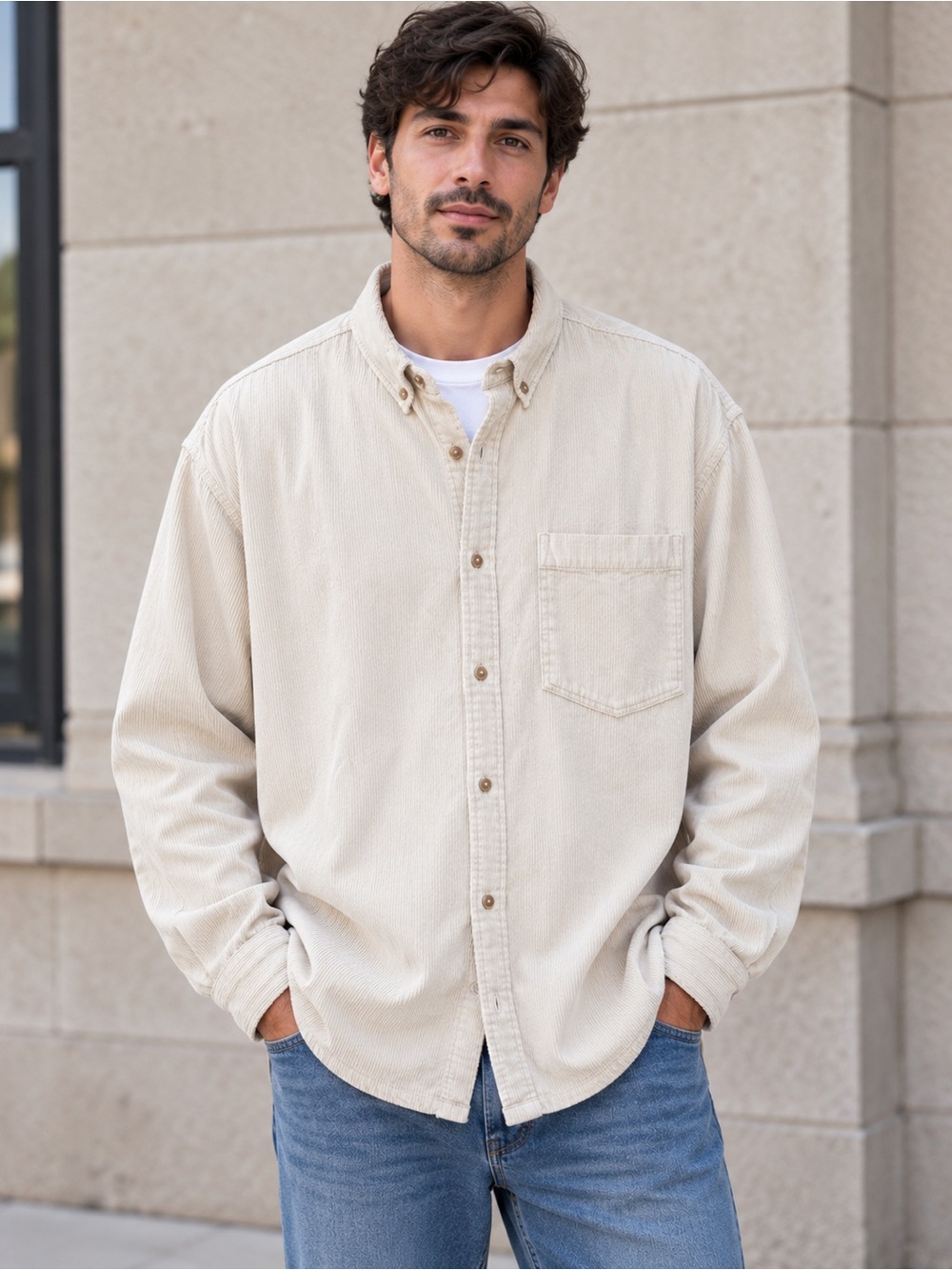 ASOS DESIGN Oversized Corduroy Shirt Men’s 2XL Beige Cream Button Up Streetwear